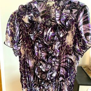Purple black grey print blouse with ruffle collar and front bib